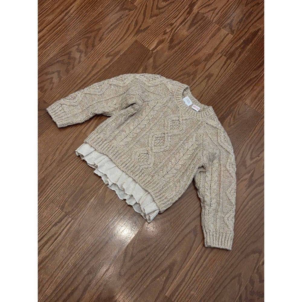 Zara Kids Girls Beige Cable Knit Sweater Eyelet Ruffle Hem Cotton Pullover 4-5Y